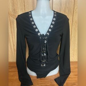 Guess Black Lace Up Sexy Long Sleeve Bodysuit Size S